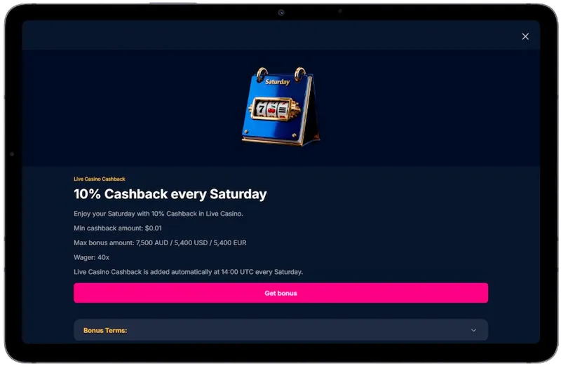 OnlyWin cashback bonus Australia with 10 percent weekly live casino cashback offer