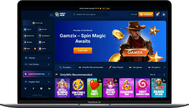 OnlyWin casino Australia interface with real money pokies and bonus offers