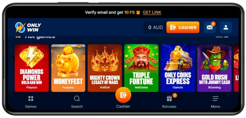 OnlyWin mobile casino Australia on smartphone with real money pokies and full game access
