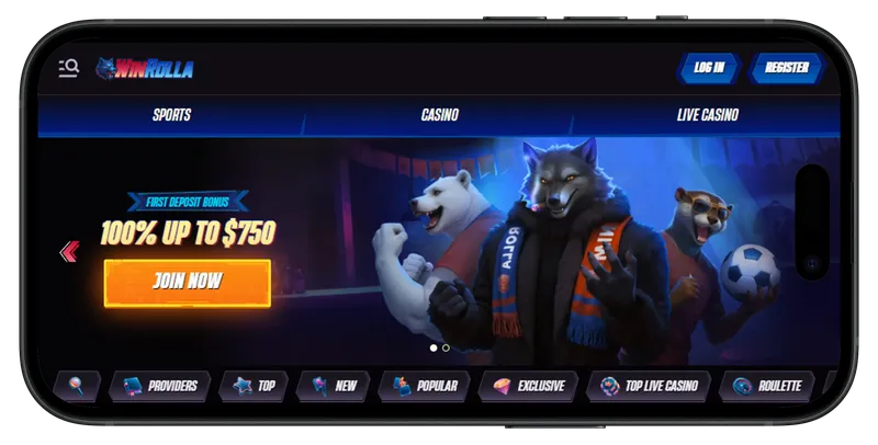 Mobile version of the WinRolla casino website